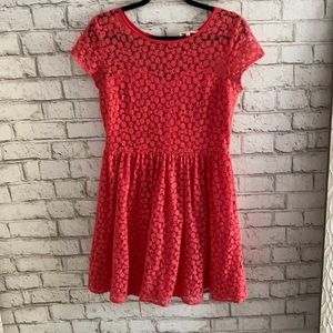coral, floral, mesh dress